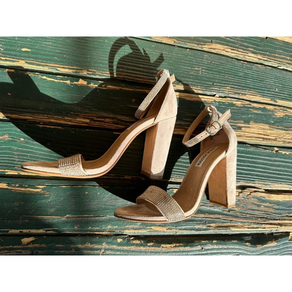 Steve Madden Kalina-R Tan Suede Rhinestone Block Heel Sandals Womens 7M KLIN01S1
